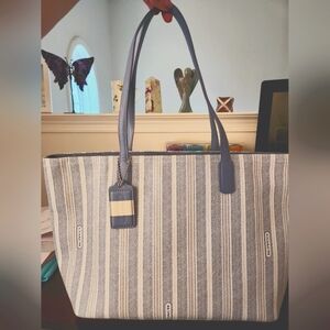 Coach Legacy Blue White Grey Stripped Coated Canvas Zip Top Tote Bag